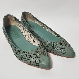 Sundance All Leather Women Green Floral Cutout Flats Vero Cuoio Made Italy Sz 37